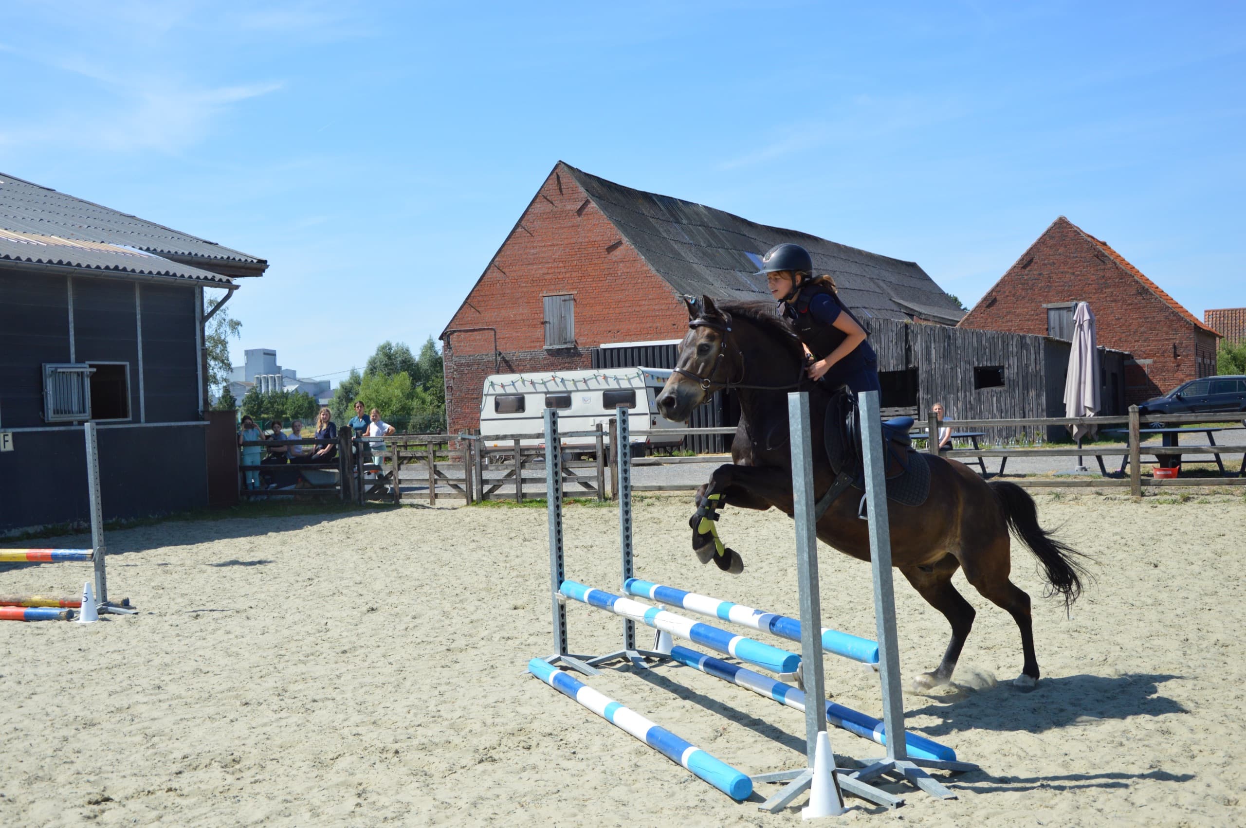 Pony springt een blauw-witte hindernis tijdens de clubjumping bij De Jonghe Pony