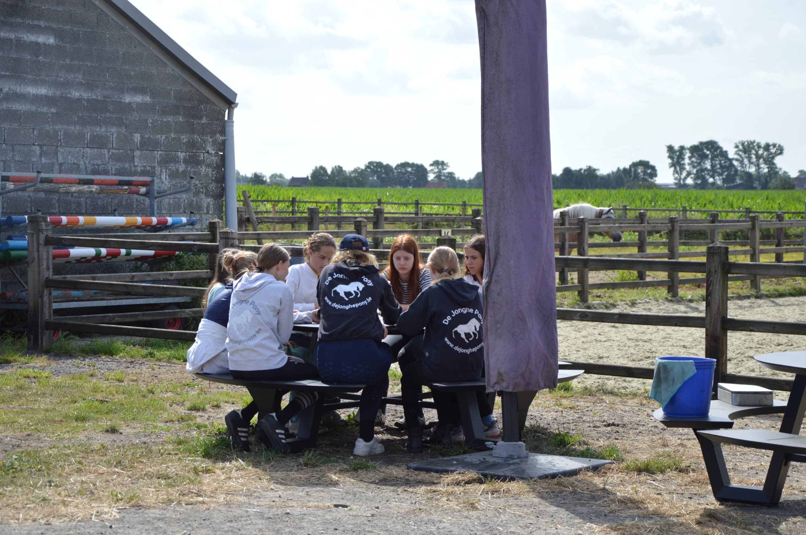 Kinderen in truien van De Jonghe Pony zitten samen aan de picknicktafel bij de stal