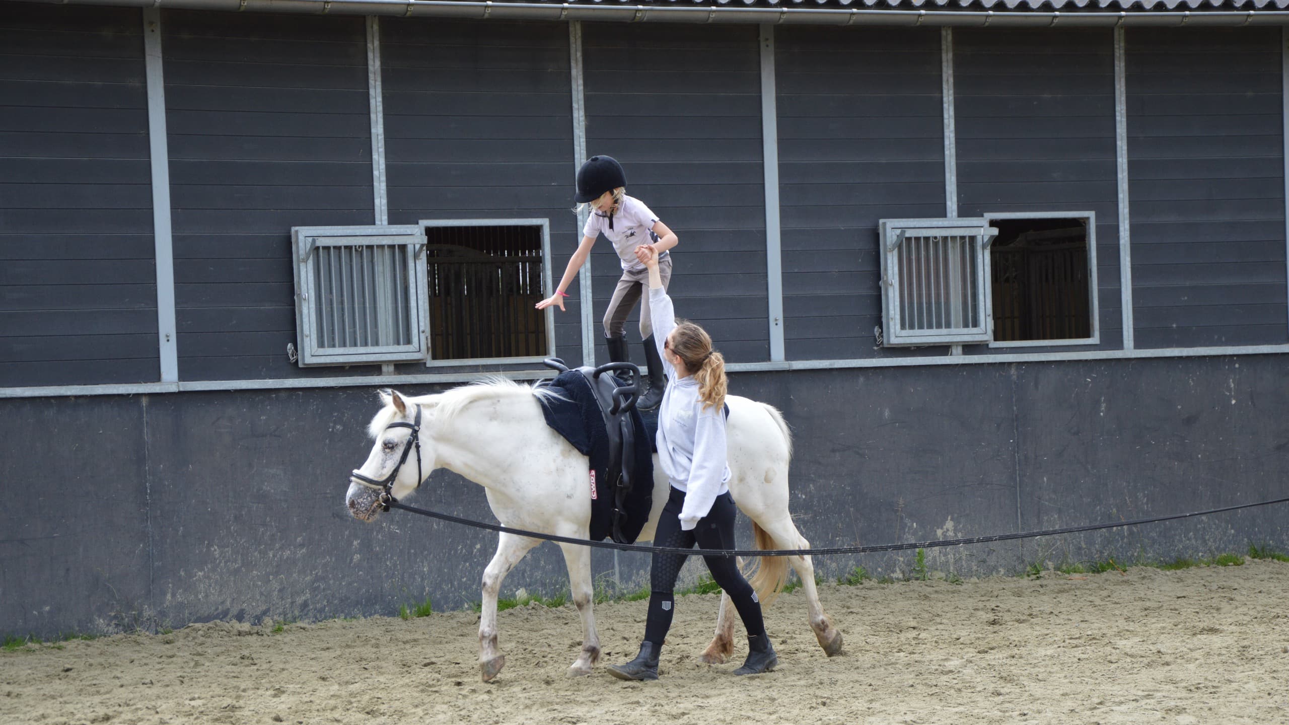 Voltige: kind doet een acrobatische oefening op de rug van een pony